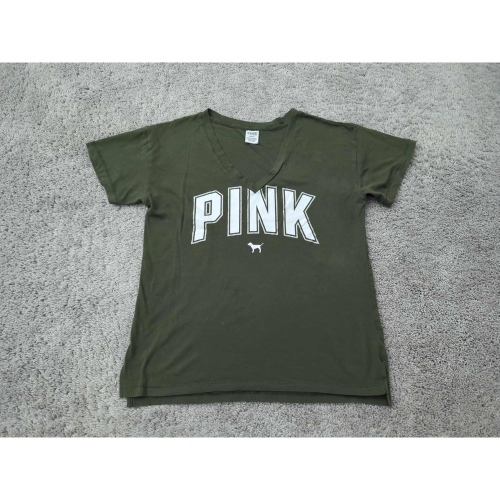 PINK Victoria's Secret‎ T Shirt Womens M Green Short Sleeve V-Neck Side Slit